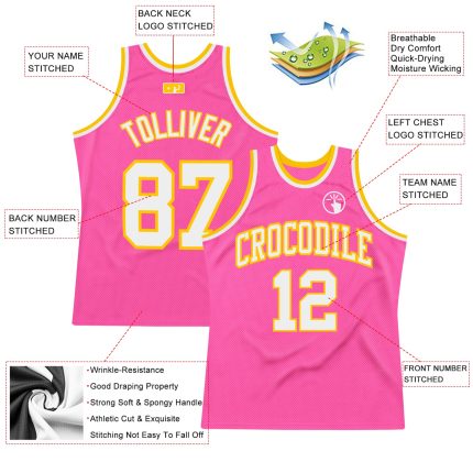 Personalized Pink White-Gold Authentic Throwback Basketball Jersey Team Custom Name and Number