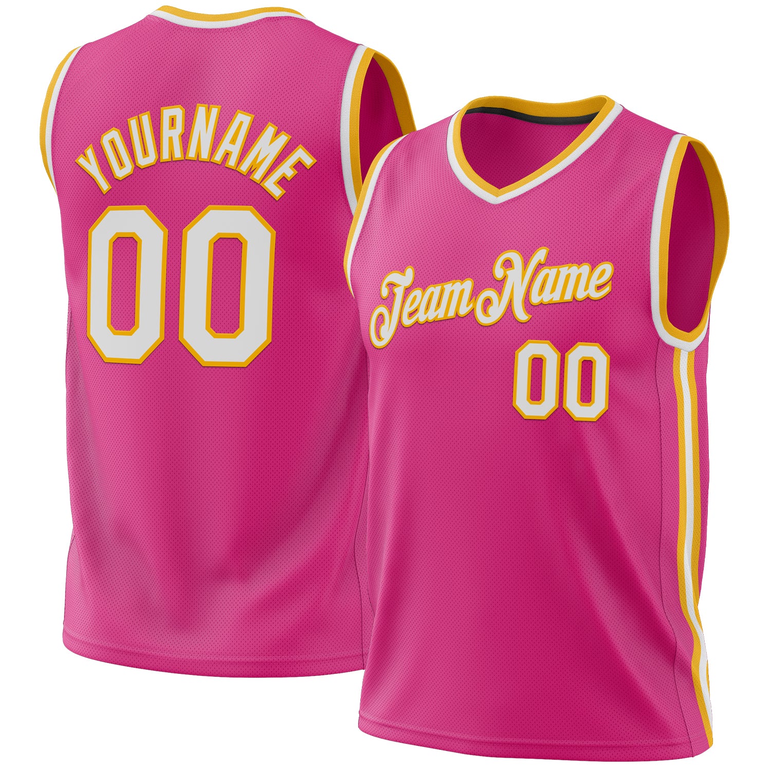Personalized Pink White-Gold Authentic Throwback Basketball Jersey