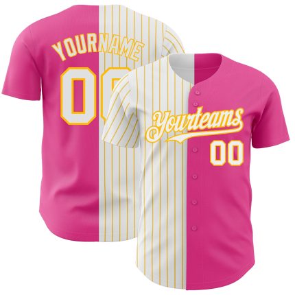 Personalized Pink White-Gold Pinstripe Authentic Split Fashion Baseball Jersey Team Custom Name and Number
