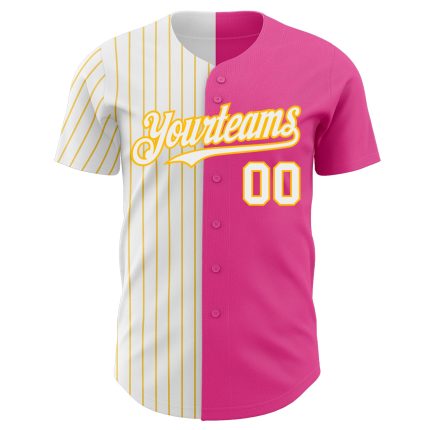 Personalized Pink White-Gold Pinstripe Authentic Split Fashion Baseball Jersey Team Custom Name and Number