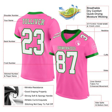 Personalized Pink White-Grass Green Mesh Authentic Football Jersey Team Custom Name and Number