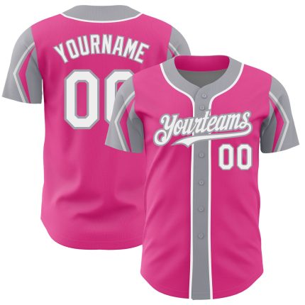 Personalized Pink White-Gray 3 Colors Arm Shapes Authentic Baseball Jersey Team Custom Name and Number