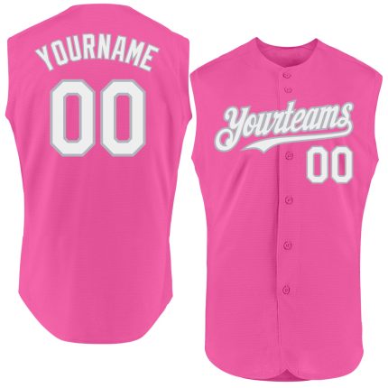 Personalized Pink White-Gray Authentic Sleeveless Baseball Jersey