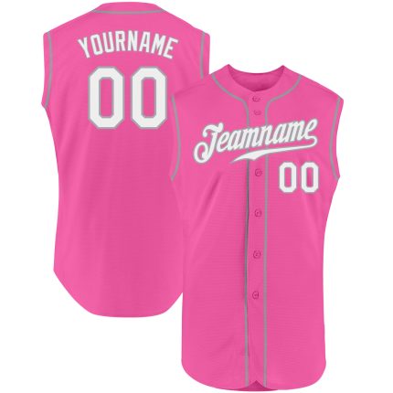 Personalized Pink White-Gray Authentic Sleeveless Baseball Jersey Team Custom Name and Number