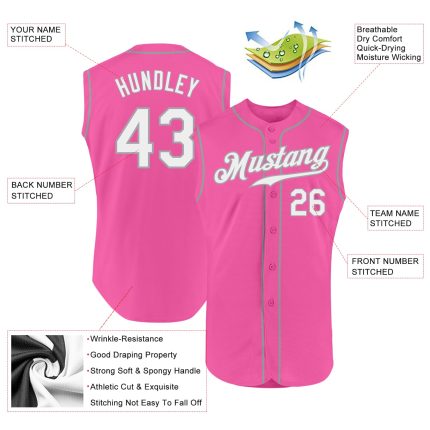 Personalized Pink White-Gray Authentic Sleeveless Baseball Jersey Team Custom Name and Number