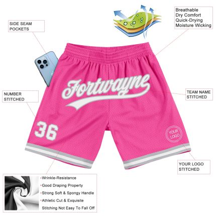 Personalized Pink White-Gray Authentic Throwback Basketball Shorts