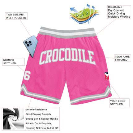 Personalized Pink White-Gray Authentic Throwback Basketball Shorts Team Custom Name and Number