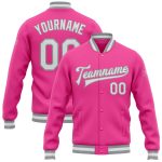 Personalized Pink White-Gray Bomber Full-Snap Varsity Letterman Jacket Team Custom Name and Number