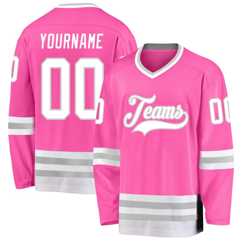 Personalized Pink White-Gray Hockey Jersey Team Custom Name and Number