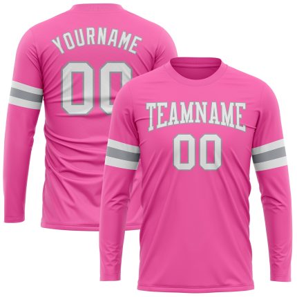 Personalized Pink White-Gray Long Sleeve Performance T-Shirt Team Custom Name and Number