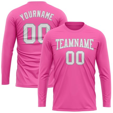 Personalized Pink White-Gray Long Sleeve Performance T-Shirt Team Custom Name and Number
