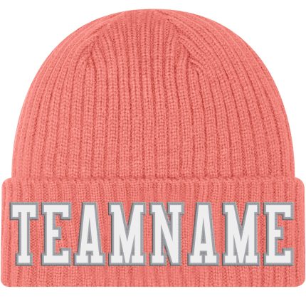 Personalized Pink White-Gray Stitched Cuffed Knit Hat Team Custom Name and Number