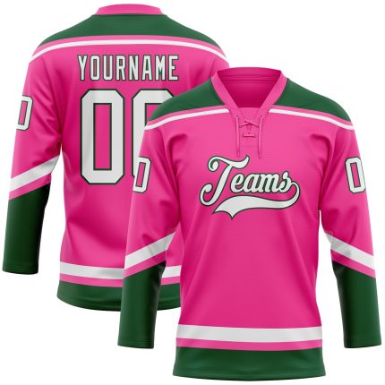Personalized Pink White-Green Hockey Lace Neck Jersey Team Custom Name and Number