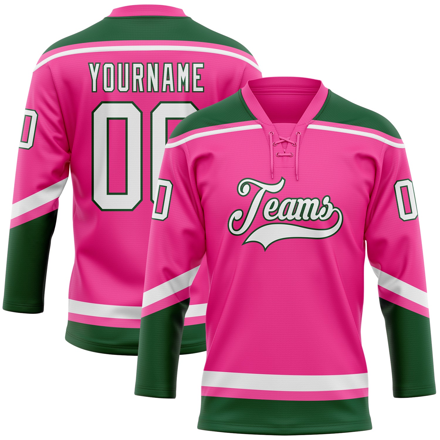Personalized Pink White-Green Hockey Lace Neck Jersey Team Custom Name and Number