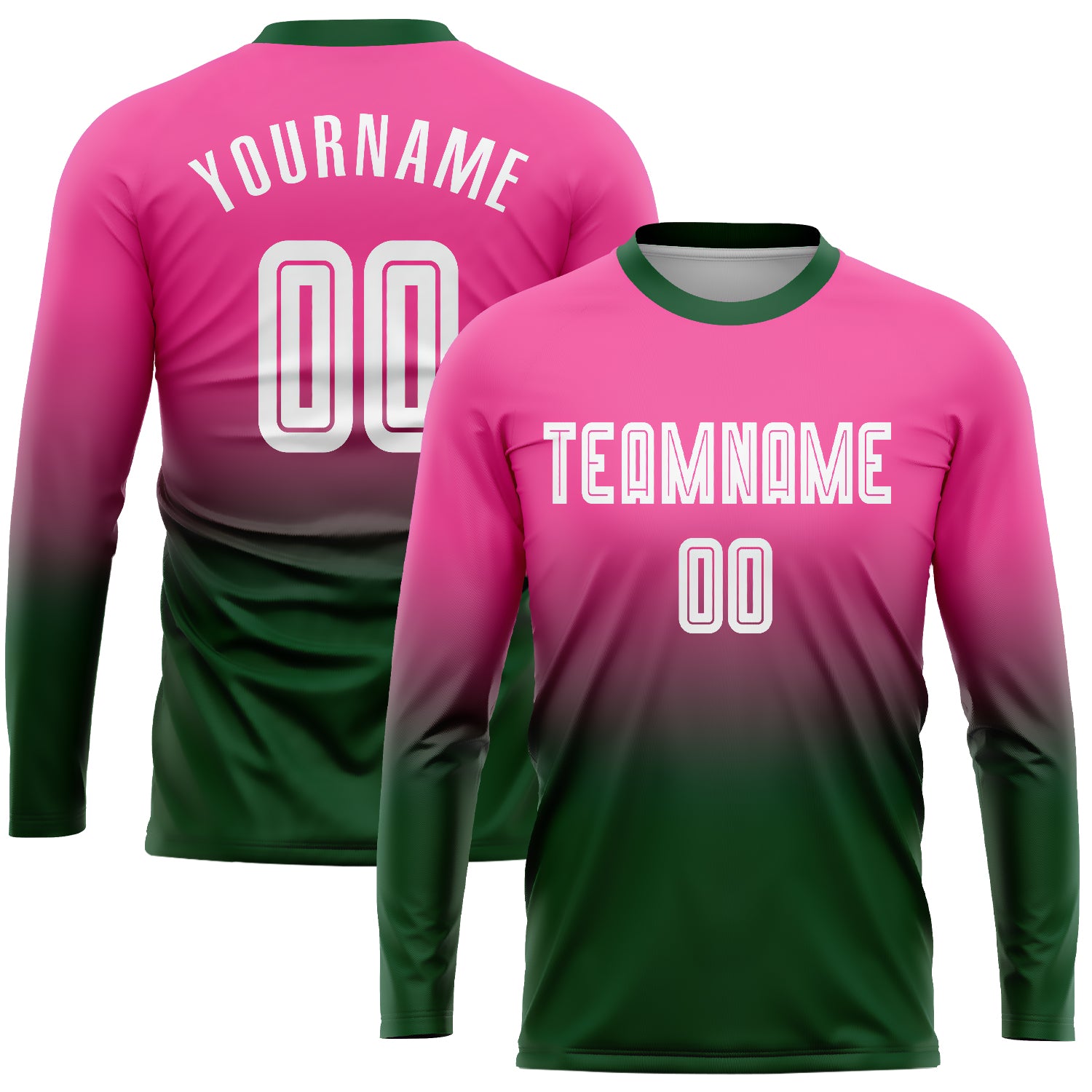 Personalized Pink White-Green Sublimation Long Sleeve Fade Fashion Soccer Uniform Jersey Team Custom Name and Number