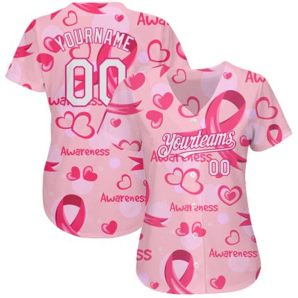 Personalized Pink White-Hot Pink 3D Pink Ribbon Breast Cancer Awareness Month Women Health Care Support Authentic Baseball Jersey