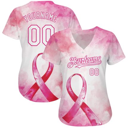Personalized Pink White-Hot Pink 3D Pink Ribbon Breast Cancer Awareness Month Women Health Care Support Authentic Baseball Jersey Team Custom Name and Number