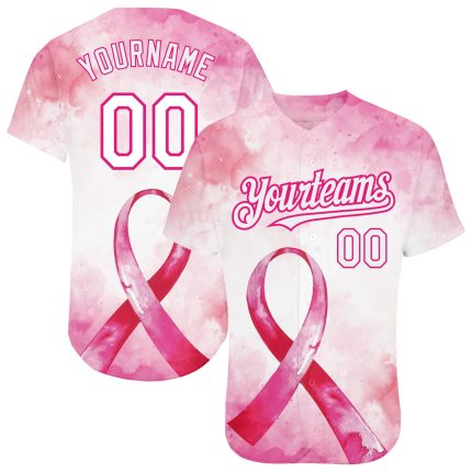 Personalized Pink White-Hot Pink 3D Pink Ribbon Breast Cancer Awareness Month Women Health Care Support Authentic Baseball Jersey Team Custom Name and Number