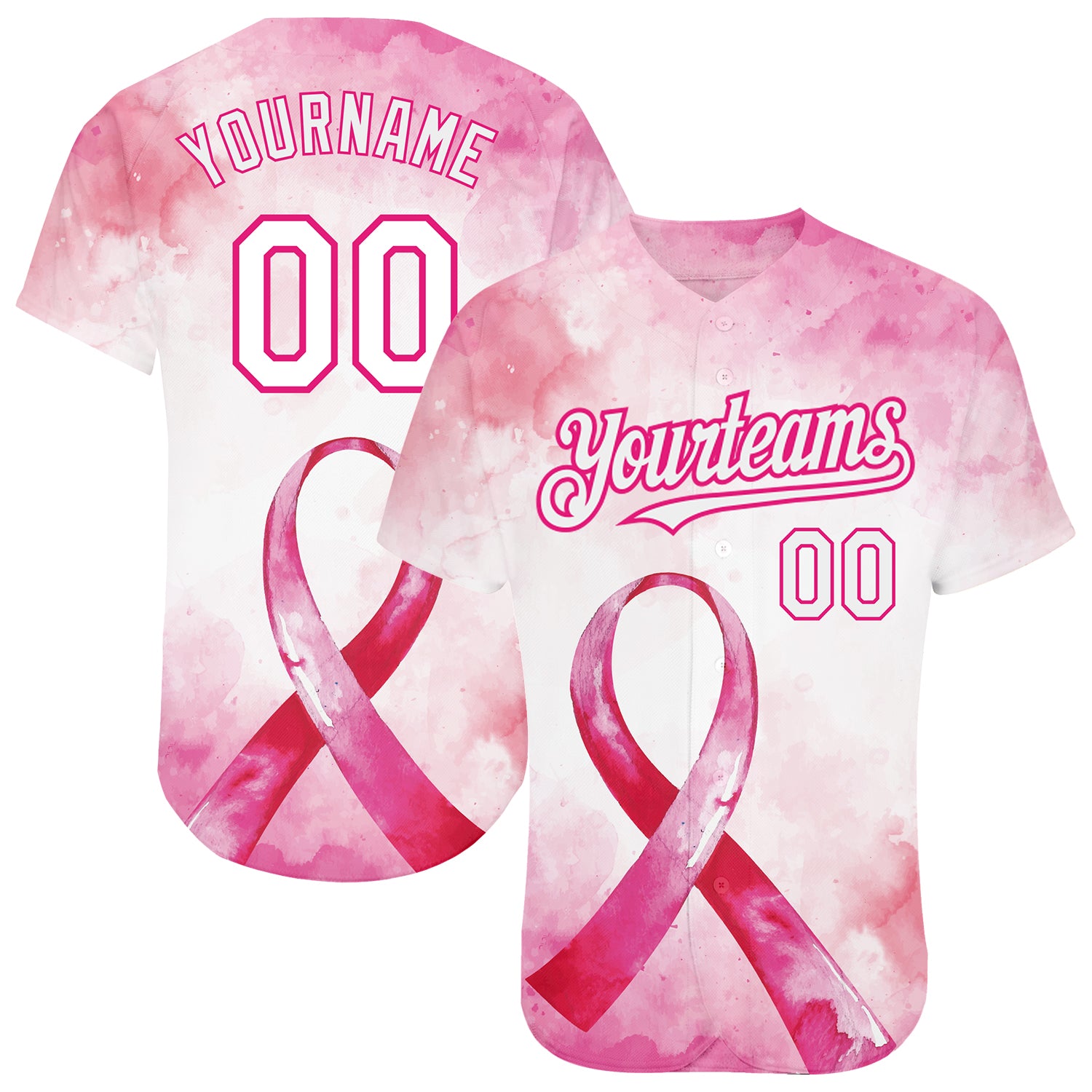 Personalized Pink White-Hot Pink 3D Pink Ribbon Breast Cancer Awareness Month Women Health Care Support Authentic Baseball Jersey Team Custom Name and Number