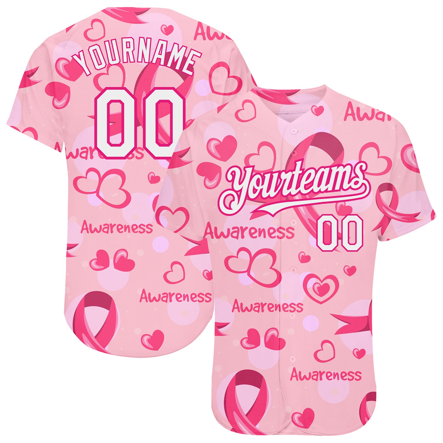 Personalized Pink White-Hot Pink 3D Pink Ribbon Breast Cancer Awareness Month Women Health Care Support Authentic Baseball Jersey