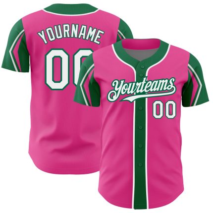 Personalized Pink White-Kelly Green 3 Colors Arm Shapes Authentic Baseball Jersey Team Custom Name and Number