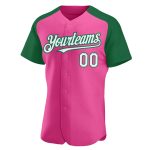 Personalized Pink White-Kelly Green Authentic Raglan Sleeves Baseball Jersey Team Custom Name and Number