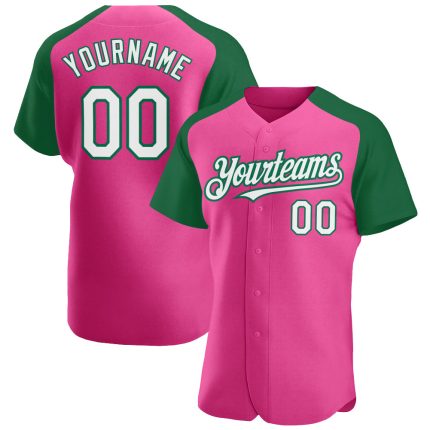 Personalized Pink White-Kelly Green Authentic Raglan Sleeves Baseball Jersey Team Custom Name and Number