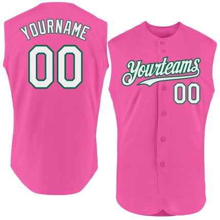 Personalized Pink White-Kelly Green Authentic Sleeveless Baseball Jersey Team Custom Name and Number