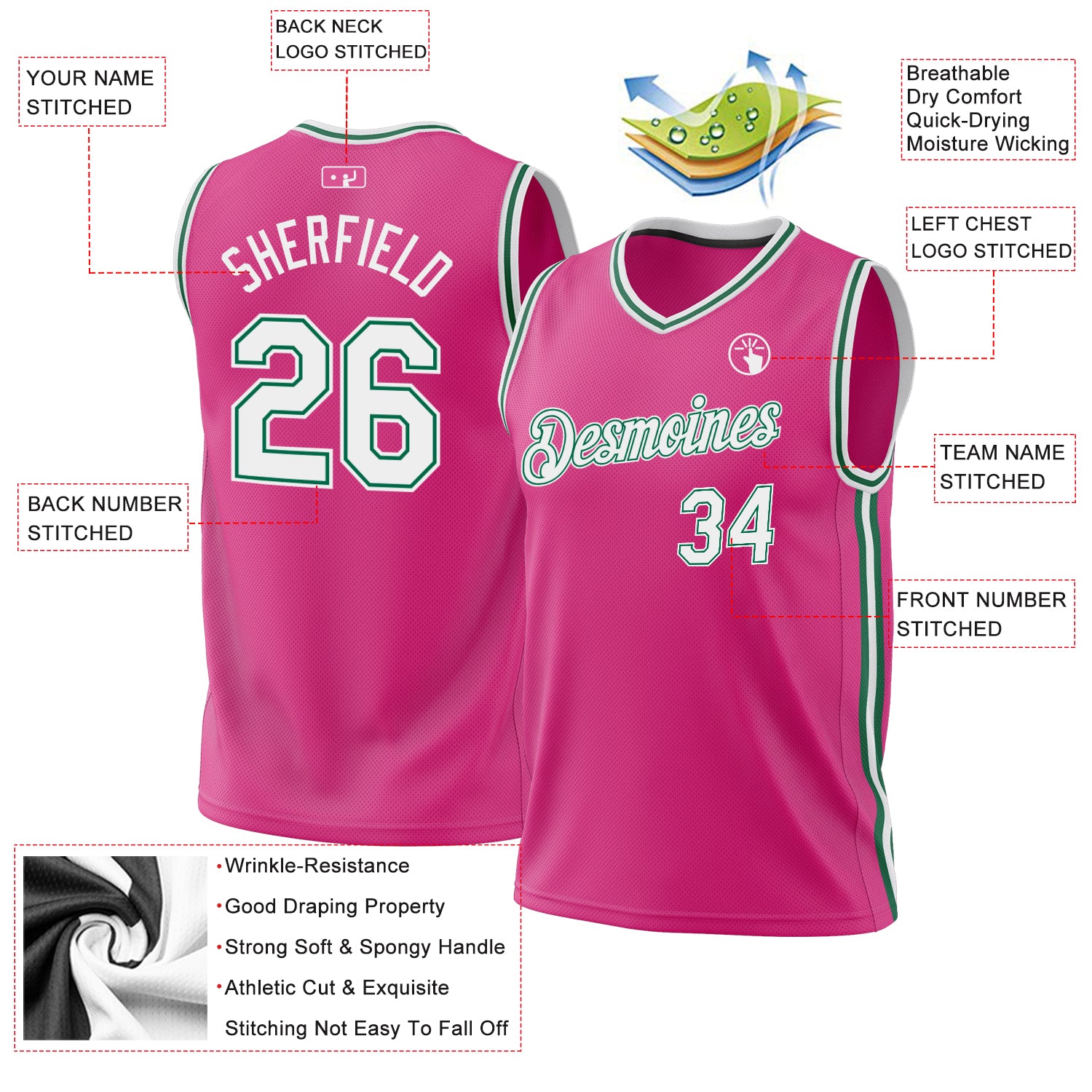 Personalized Pink White-Kelly Green Authentic Throwback Basketball Jersey Personalized Pink White-Kelly Green Authentic Throwback Basketball Jersey - Image 3