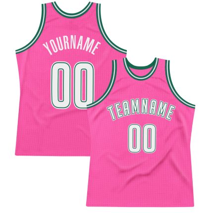 Personalized Pink White-Kelly Green Authentic Throwback Basketball Jersey Team Custom Name and Number