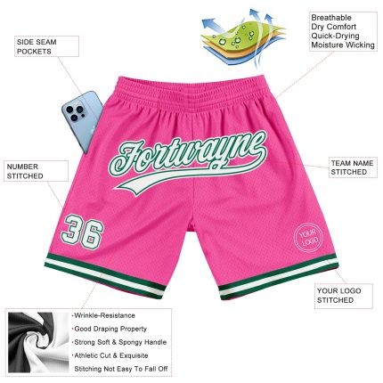 Personalized Pink White-Kelly Green Authentic Throwback Basketball Shorts
