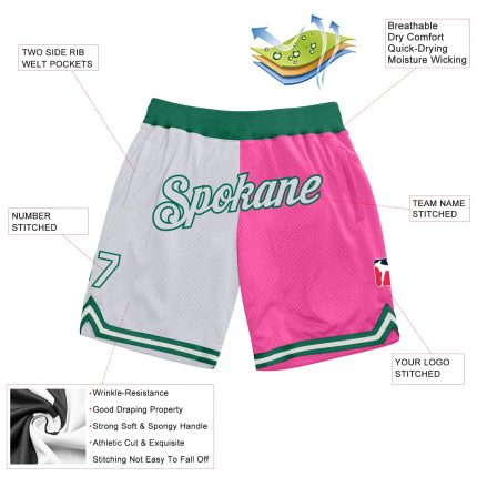 Personalized Pink White-Kelly Green Authentic Throwback Split Fashion Basketball Shorts Team Custom Name and Number
