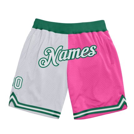 Personalized Pink White-Kelly Green Authentic Throwback Split Fashion Basketball Shorts Team Custom Name and Number