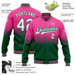 Personalized Pink White-Kelly Green Bomber Full-Snap Varsity Letterman Fade Fashion Jacket Team Custom Name and Number