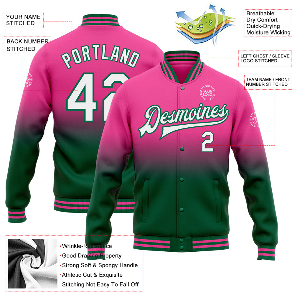 Personalized Pink White-Kelly Green Bomber Full-Snap Varsity Letterman Fade Fashion Jacket Team Custom Name and Number Personalized Pink White-Kelly Green Bomber Full-Snap Varsity Letterman Fade Fashion Jacket Team Custom Name and Number - Image 3