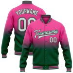 Personalized Pink White-Kelly Green Bomber Full-Snap Varsity Letterman Fade Fashion Jacket Team Custom Name and Number