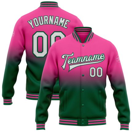 Personalized Pink White-Kelly Green Bomber Full-Snap Varsity Letterman Fade Fashion Jacket Team Custom Name and Number