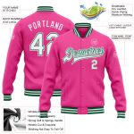 Personalized Pink White-Kelly Green Bomber Full-Snap Varsity Letterman Jacket Team Custom Name and Number
