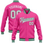 Personalized Pink White-Kelly Green Bomber Full-Snap Varsity Letterman Jacket Team Custom Name and Number