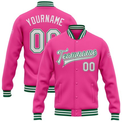 Personalized Pink White-Kelly Green Bomber Full-Snap Varsity Letterman Jacket Team Custom Name and Number