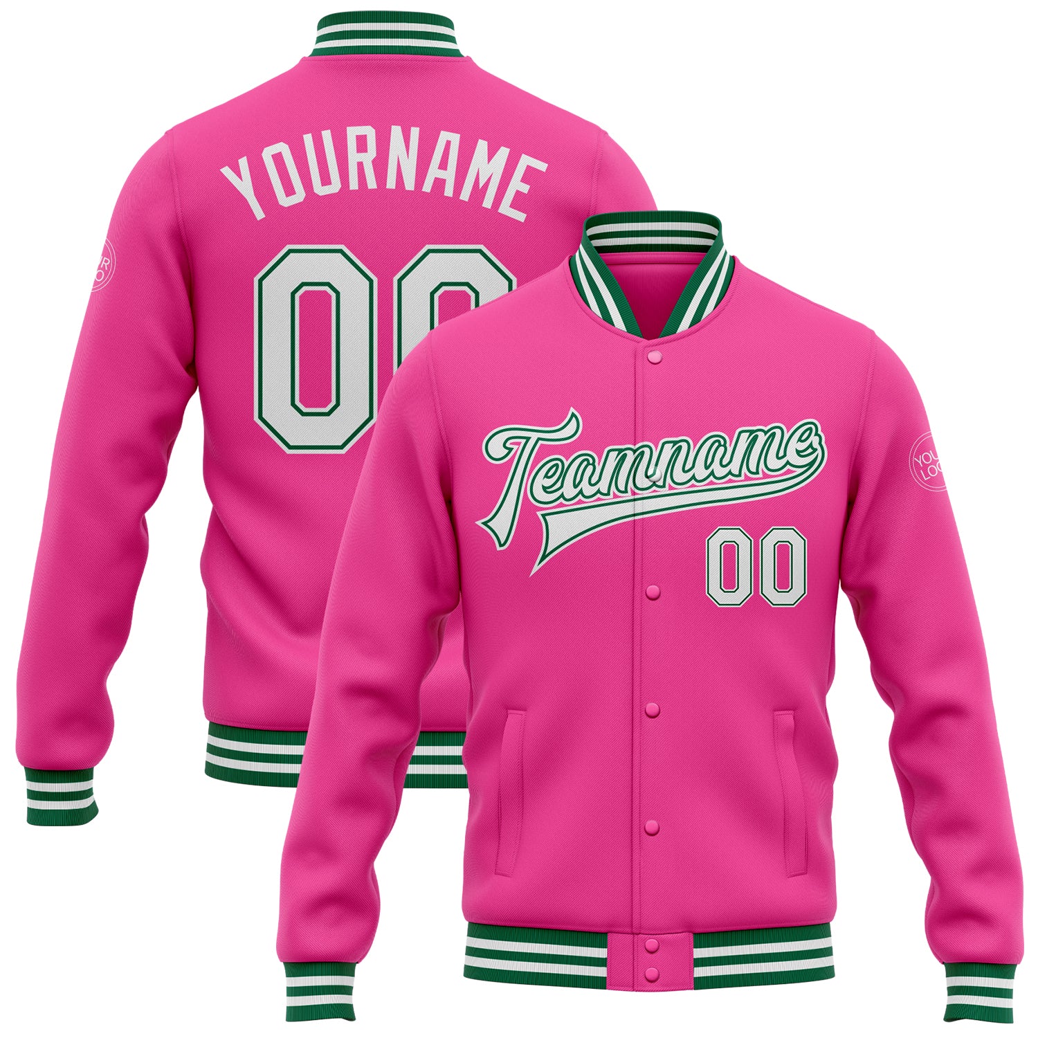 Personalized Pink White-Kelly Green Bomber Full-Snap Varsity Letterman Jacket Team Custom Name and Number