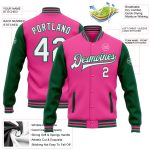 Personalized Pink White-Kelly Green Bomber Full-Snap Varsity Letterman Two Tone Jacket Team Custom Name and Number