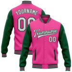Personalized Pink White-Kelly Green Bomber Full-Snap Varsity Letterman Two Tone Jacket Team Custom Name and Number