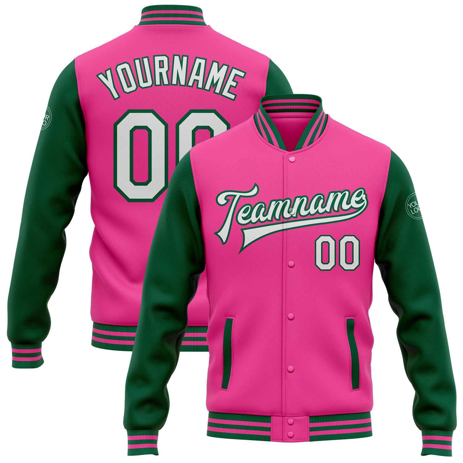 Personalized Pink White-Kelly Green Bomber Full-Snap Varsity Letterman Two Tone Jacket Team Custom Name and Number