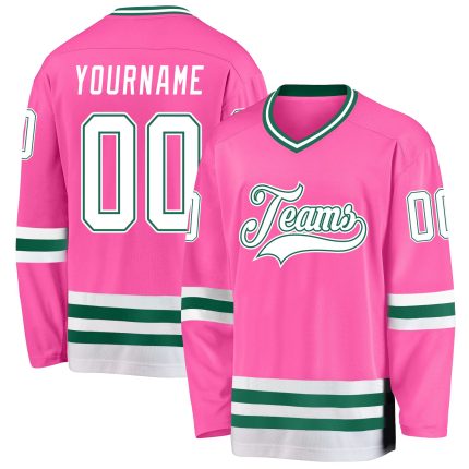 Personalized Pink White-Kelly Green Hockey Jersey Team Custom Name and Number