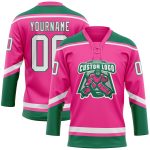 Personalized Pink White-Kelly Green Hockey Lace Neck Jersey Team Custom Name and Number