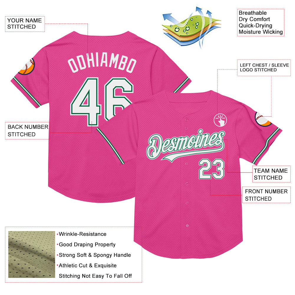 Personalized Pink White-Kelly Green Mesh Authentic Throwback Baseball Jersey Team Custom Name and Number Personalized Pink White-Kelly Green Mesh Authentic Throwback Baseball Jersey Team Custom Name and Number - Image 3