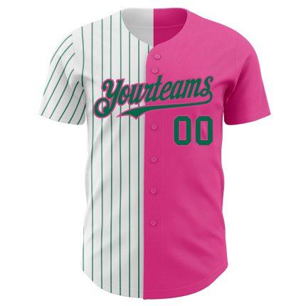 Personalized Pink White-Kelly Green Pinstripe Authentic Split Fashion Baseball Jersey Team Custom Name and Number