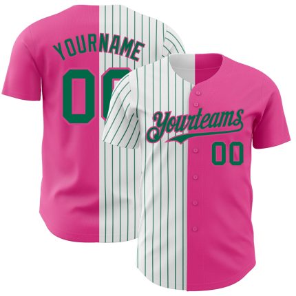 Personalized Pink White-Kelly Green Pinstripe Authentic Split Fashion Baseball Jersey Team Custom Name and Number