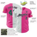 Personalized Pink White-Kelly Green Pinstripe Authentic Split Fashion Baseball Jersey Team Custom Name and Number